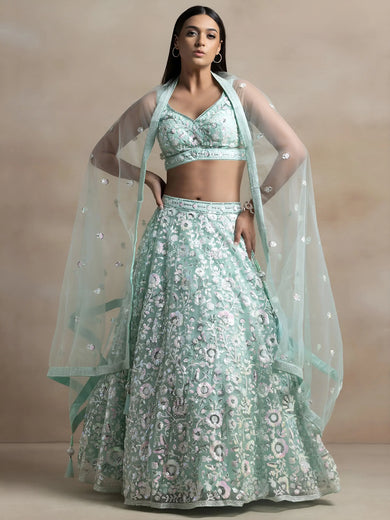 Attractive Blue Sequins Net Designer Lehenga Choli With Dupatta